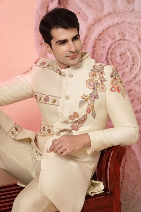 Buy_Soniya G_Off White Chanderi Silk Embroidery Bandhgala And Flared Pant Set _Online_at_Aza_Fashions