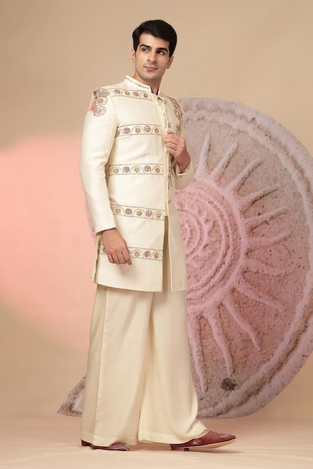 Soniya G_Off White Chanderi Silk Embroidery Bandhgala And Flared Pant Set _at_Aza_Fashions
