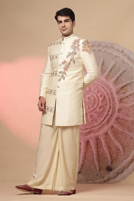 Buy_Soniya G_Off White Chanderi Silk Embroidery Bandhgala And Flared Pant Set 