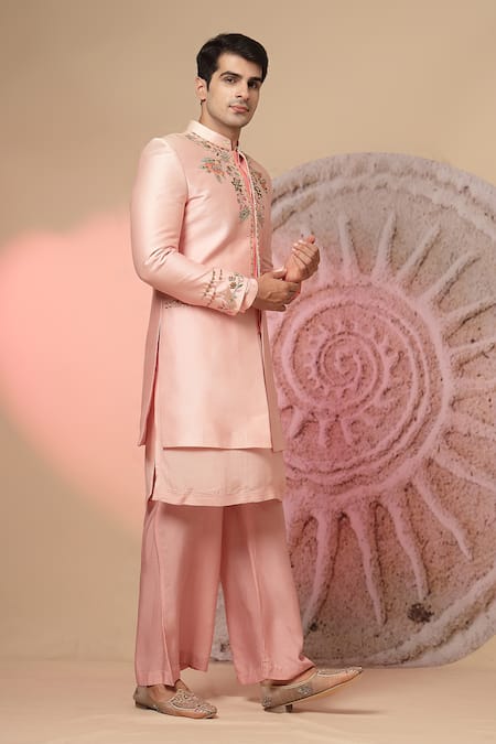 Buy_Soniya G_Pink Chanderi Silk Embroidery Bandhgala And Kurta Set _Online_at_Aza_Fashions