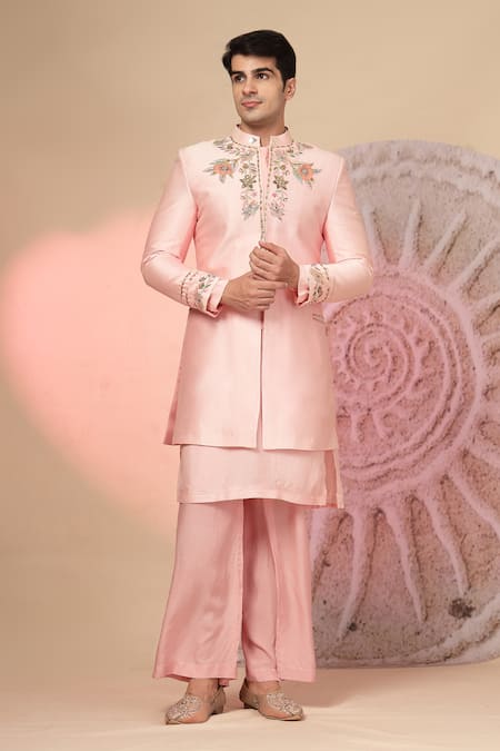 Shop_Soniya G_Pink Chanderi Silk Embroidery Bandhgala And Kurta Set _Online_at_Aza_Fashions