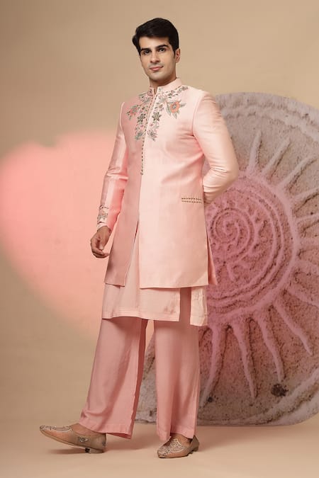 Soniya G_Pink Chanderi Silk Embroidery Bandhgala And Kurta Set _at_Aza_Fashions