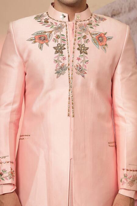 Shop Soniya G Pink Chanderi Silk Embroidery Bandhgala And Kurta Set Shop_Soniya G_Pink Chanderi Silk Embroidery Bandhgala And Kurta Set