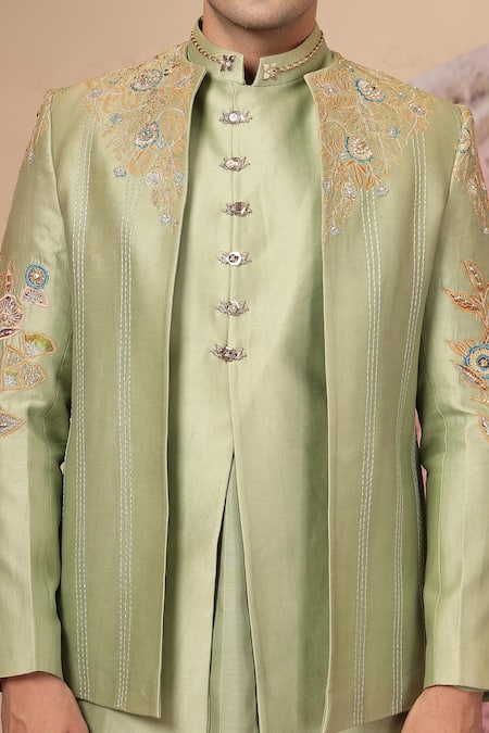 Buy_Soniya G_Green Chanderi Silk Embroidery Double Jacket Kurta Set _Online_at_Aza_Fashions