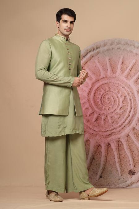 Shop_Soniya G_Green Chanderi Silk Embroidery Double Jacket Kurta Set _Online_at_Aza_Fashions