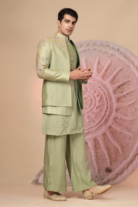 Buy_Soniya G_Green Chanderi Silk Embroidery Double Jacket Kurta Set 