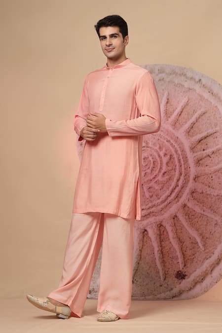 Soniya G_Pink Chanderi Silk Embroidery Placed Floral Work Nehru Jacket And Kurta Set _Online_at_Aza_Fashions