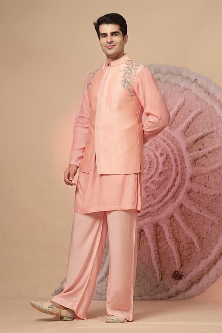 Soniya G_Pink Chanderi Silk Embroidery Placed Floral Work Nehru Jacket And Kurta Set _at_Aza_Fashions