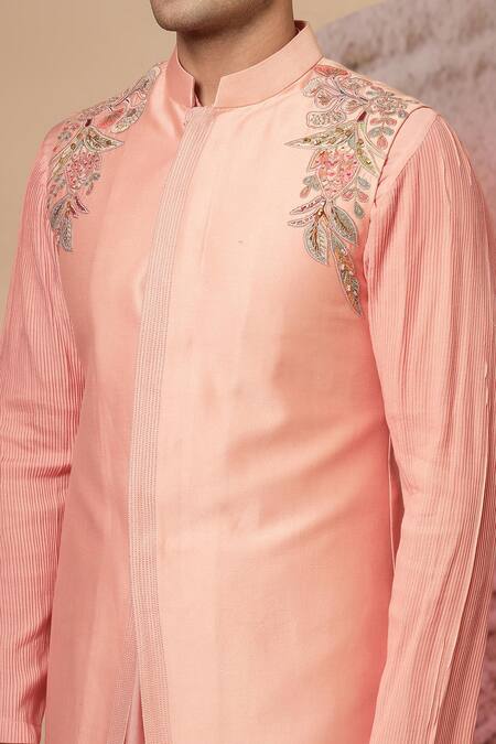 Shop Soniya G Pink Chanderi Silk Embroidery Placed Floral Work Nehru Jacket And Kurta Set Shop_Soniya G_Pink Chanderi Silk Embroidery Placed Floral Work Nehru Jacket And Kurta Set