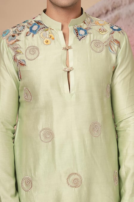 Shop_Soniya G_Green Chanderi Silk Embroidery Kurta Set _Online_at_Aza_Fashions