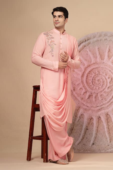 Soniya G_Pink Muslin Embroidery Cowl Kurta Set _at_Aza_Fashions