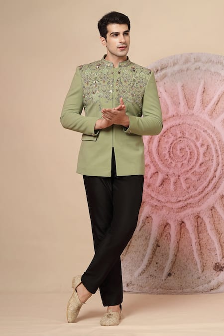 Buy_Soniya G_Olive Green Embroidery, Sequins, Beads Bandhgala And Trouser Set _Online_at_Aza_Fashions
