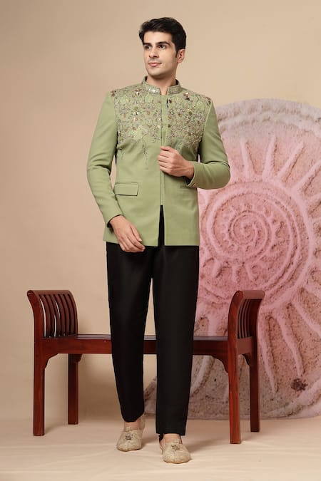 Shop_Soniya G_Olive Green Embroidery, Sequins, Beads Bandhgala And Trouser Set _Online_at_Aza_Fashions