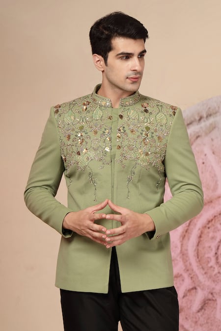 Soniya G_Olive Green Embroidery, Sequins, Beads Bandhgala And Trouser Set _at_Aza_Fashions