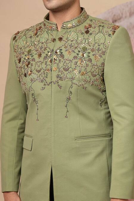 Buy_Soniya G_Olive Green Embroidery, Sequins, Beads Bandhgala And Trouser Set 