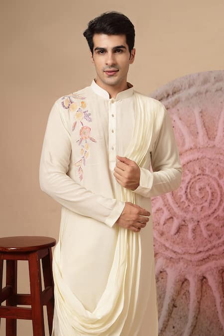 Soniya G_Ivory Muslin Embroidery Cowl Kurta Set _at_Aza_Fashions