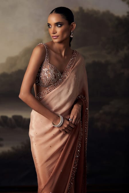 Ohaila Khan Gold Chiffon, Tulle Sequins, Crystals, Beads, Pearls, And Saree With Blouse Online at Aza Fashions Ohaila Khan_Gold Chiffon, Tulle Sequins, Crystals, Beads, Pearls, And Saree With Blouse _Online_at_Aza_Fashions