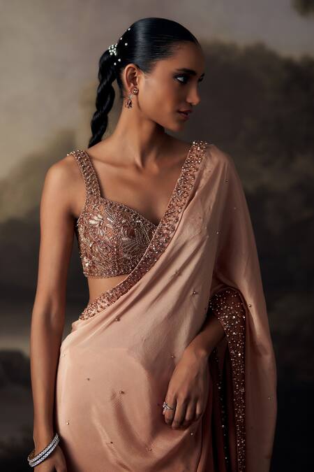 Shop Ohaila Khan Gold Chiffon, Tulle Sequins, Crystals, Beads, Pearls, And Saree With Blouse Online at Aza Fashions Shop_Ohaila Khan_Gold Chiffon, Tulle Sequins, Crystals, Beads, Pearls, And Saree With Blouse _Online_at_Aza_Fashions