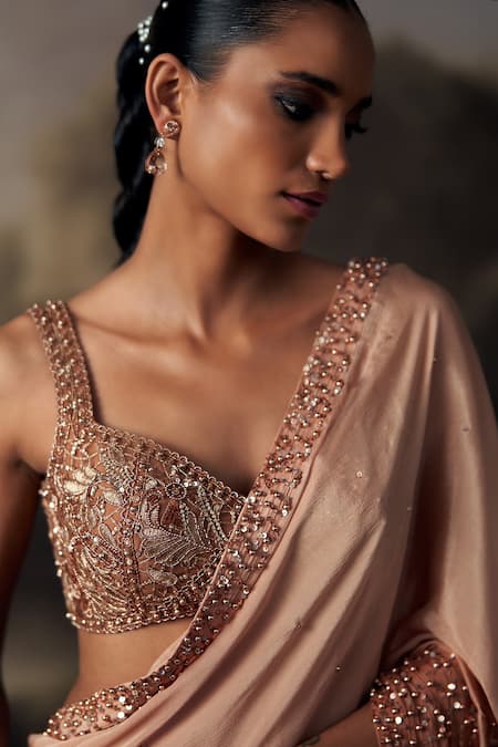Ohaila Khan Gold Chiffon, Tulle Sequins, Crystals, Beads, Pearls, And Saree With Blouse at Aza Fashions Ohaila Khan_Gold Chiffon, Tulle Sequins, Crystals, Beads, Pearls, And Saree With Blouse _at_Aza_Fashions