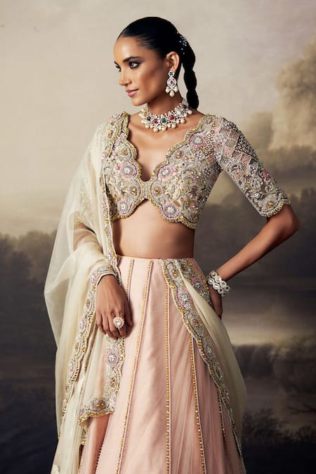 Buy_Ohaila Khan_Peach Tulle, Silk, Organza Zari, Pearls, Zardozi Embroidered Lehenga Set _Online_at_Aza_Fashions