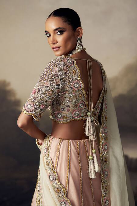 Shop_Ohaila Khan_Peach Tulle, Silk, Organza Zari, Pearls, Zardozi Embroidered Lehenga Set _Online_at_Aza_Fashions