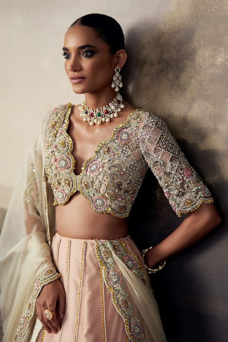 Ohaila Khan_Peach Tulle, Silk, Organza Zari, Pearls, Zardozi Embroidered Lehenga Set _at_Aza_Fashions