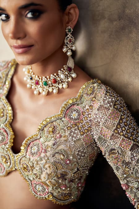 Buy_Ohaila Khan_Peach Tulle, Silk, Organza Zari, Pearls, Zardozi Embroidered Lehenga Set 