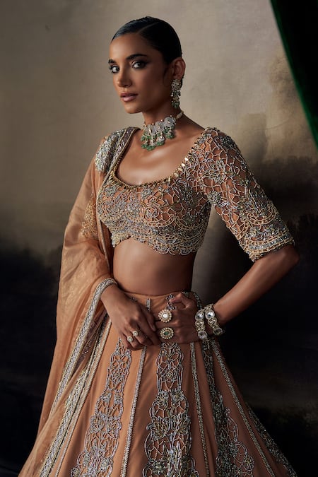 Buy_Ohaila Khan_Brown Tulle, Silk Crystals, Pearls, Beads, Embroidery Scoop Neck Lehenga Set _Online_at_Aza_Fashions