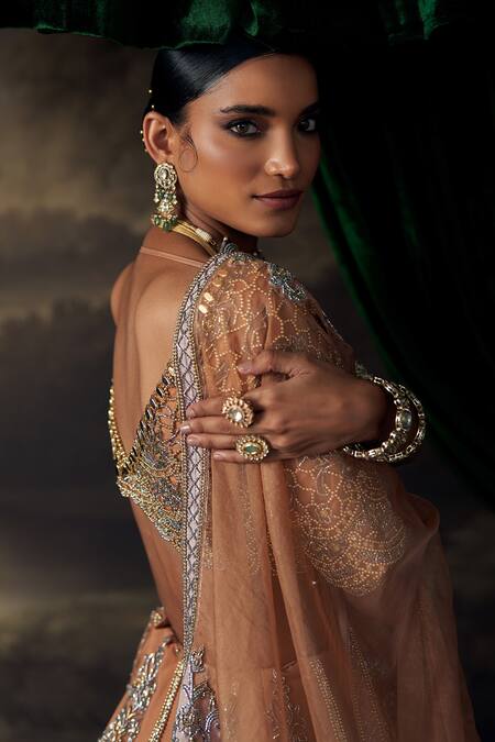 Shop_Ohaila Khan_Brown Tulle, Silk Crystals, Pearls, Beads, Embroidery Scoop Neck Lehenga Set _Online_at_Aza_Fashions