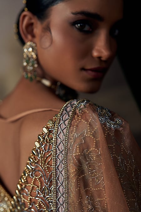 Ohaila Khan_Brown Tulle, Silk Crystals, Pearls, Beads, Embroidery Scoop Neck Lehenga Set _at_Aza_Fashions
