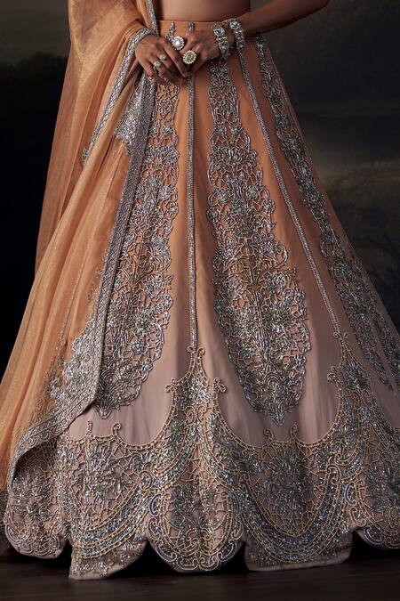 Buy_Ohaila Khan_Brown Tulle, Silk Crystals, Pearls, Beads, Embroidery Scoop Neck Lehenga Set 