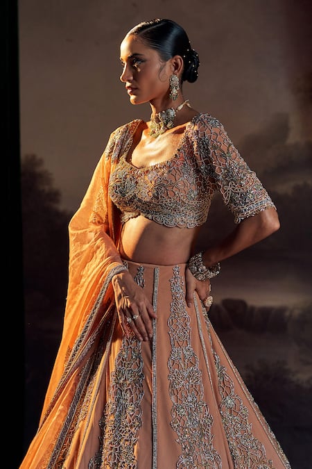 Shop_Ohaila Khan_Brown Tulle, Silk Crystals, Pearls, Beads, Embroidery Scoop Neck Lehenga Set 