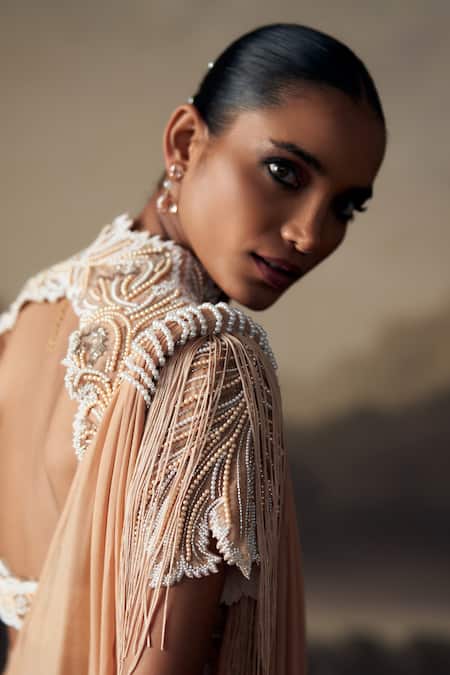 Ohaila Khan_Cream Crepe, Velvet Embroidered Blouse With Pre-draped Concept Kaftan Saree _Online_at_Aza_Fashions