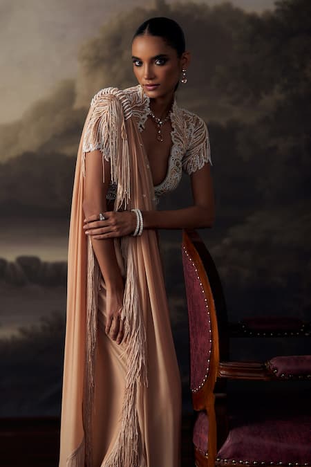 Buy_Ohaila Khan_Cream Crepe, Velvet Embroidered Blouse With Pre-draped Concept Kaftan Saree _Online_at_Aza_Fashions