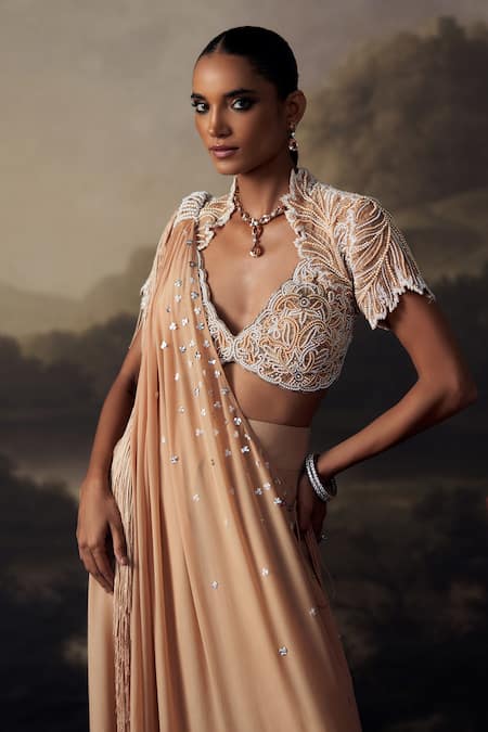 Shop_Ohaila Khan_Cream Crepe, Velvet Embroidered Blouse With Pre-draped Concept Kaftan Saree _Online_at_Aza_Fashions