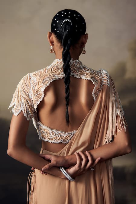 Ohaila Khan_Cream Crepe, Velvet Embroidered Blouse With Pre-draped Concept Kaftan Saree _at_Aza_Fashions