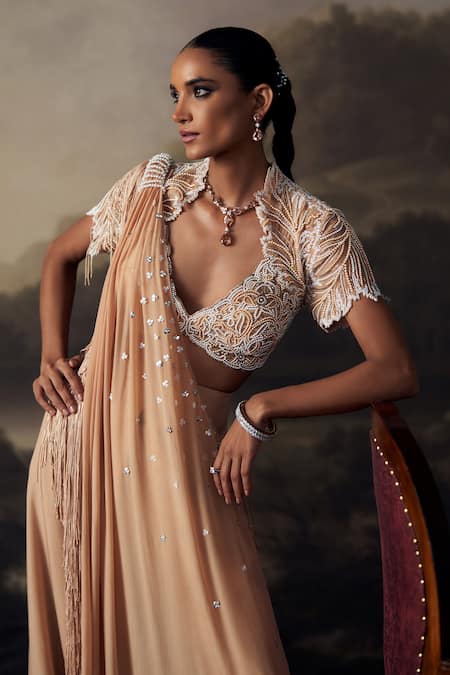Buy_Ohaila Khan_Cream Crepe, Velvet Embroidered Blouse With Pre-draped Concept Kaftan Saree 