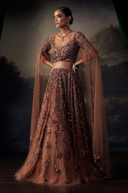 Shop_Ohaila Khan_Gold Tulle, Silk Sequins, Crystals, Embroidery Round Neck And Lehenga Set _Online_at_Aza_Fashions
