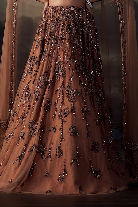 Ohaila Khan_Gold Tulle, Silk Sequins, Crystals, Embroidery Round Neck And Lehenga Set _at_Aza_Fashions