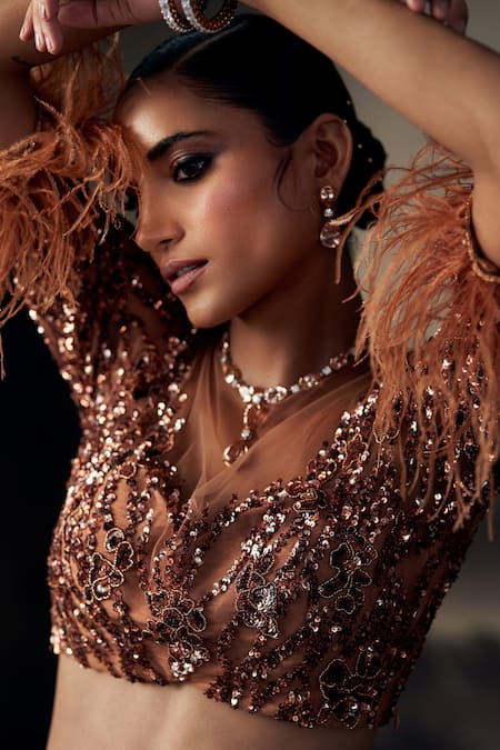 Buy_Ohaila Khan_Gold Tulle, Silk Sequins, Crystals, Embroidery Round Neck And Lehenga Set 