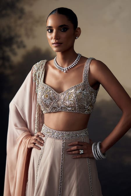 Ohaila Khan_Brown Tulle, Chiffon Sequins, Crystals, Beads, Embroidery, Blouse Lehenga Set _at_Aza_Fashions