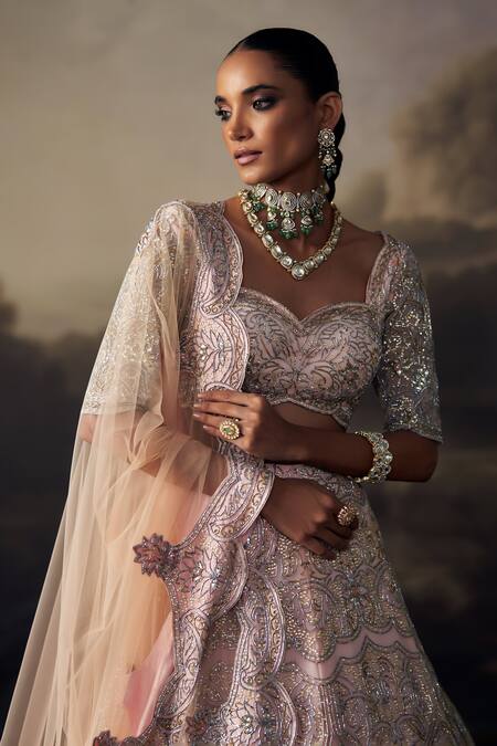 Ohaila Khan_Pink Tulle, Silk Crystals, Beads, Embroidery, Metallic Thread, Lehenga Set _Online_at_Aza_Fashions