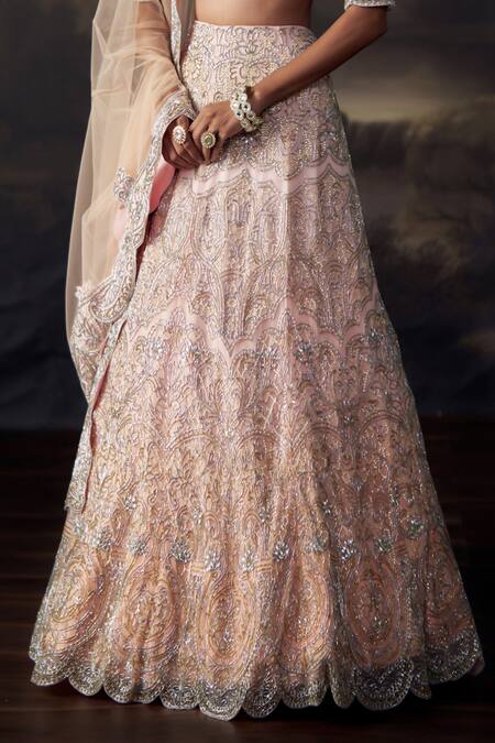 Buy_Ohaila Khan_Pink Tulle, Silk Crystals, Beads, Embroidery, Metallic Thread, Lehenga Set _Online_at_Aza_Fashions