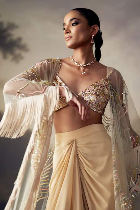 Ohaila Khan_Gold Crepe, Tulle Sequins V-neck, Open Embroidered Bralette Skirt Set With Cape _Online_at_Aza_Fashions