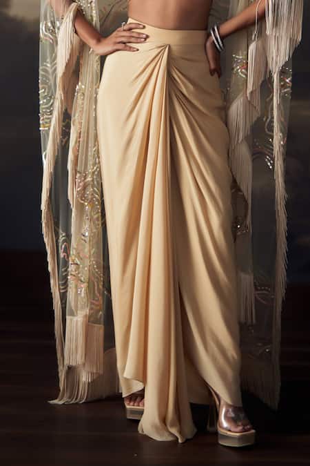 Buy_Ohaila Khan_Gold Crepe, Tulle Sequins V-neck, Open Embroidered Bralette Skirt Set With Cape _Online_at_Aza_Fashions