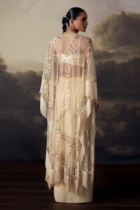 Ohaila Khan Sequin Embroidered Bralette Skirt Set With Cape 