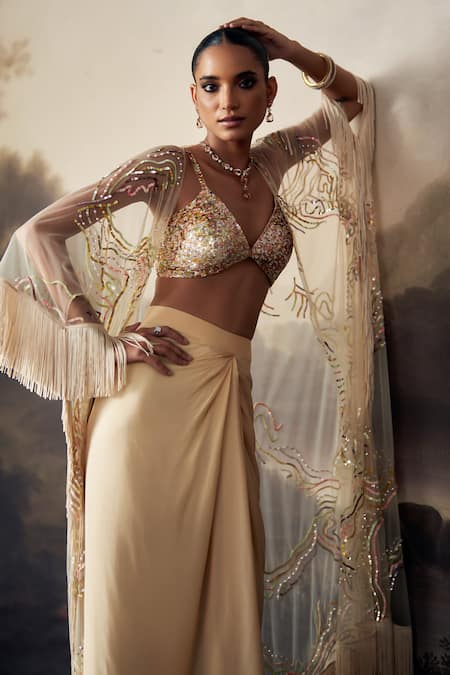 Ohaila Khan_Gold Crepe, Tulle Sequins V-neck, Open Embroidered Bralette Skirt Set With Cape _at_Aza_Fashions