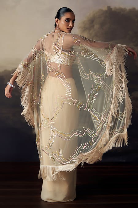 Buy_Ohaila Khan_Gold Crepe, Tulle Sequins V-neck, Open Embroidered Bralette Skirt Set With Cape 
