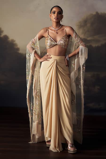 Ohaila Khan Sequin Embroidered Bralette Skirt Set With Cape 