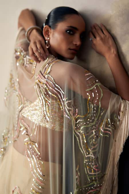 Shop_Ohaila Khan_Gold Crepe, Tulle Sequins V-neck, Open Embroidered Bralette Skirt Set With Cape 